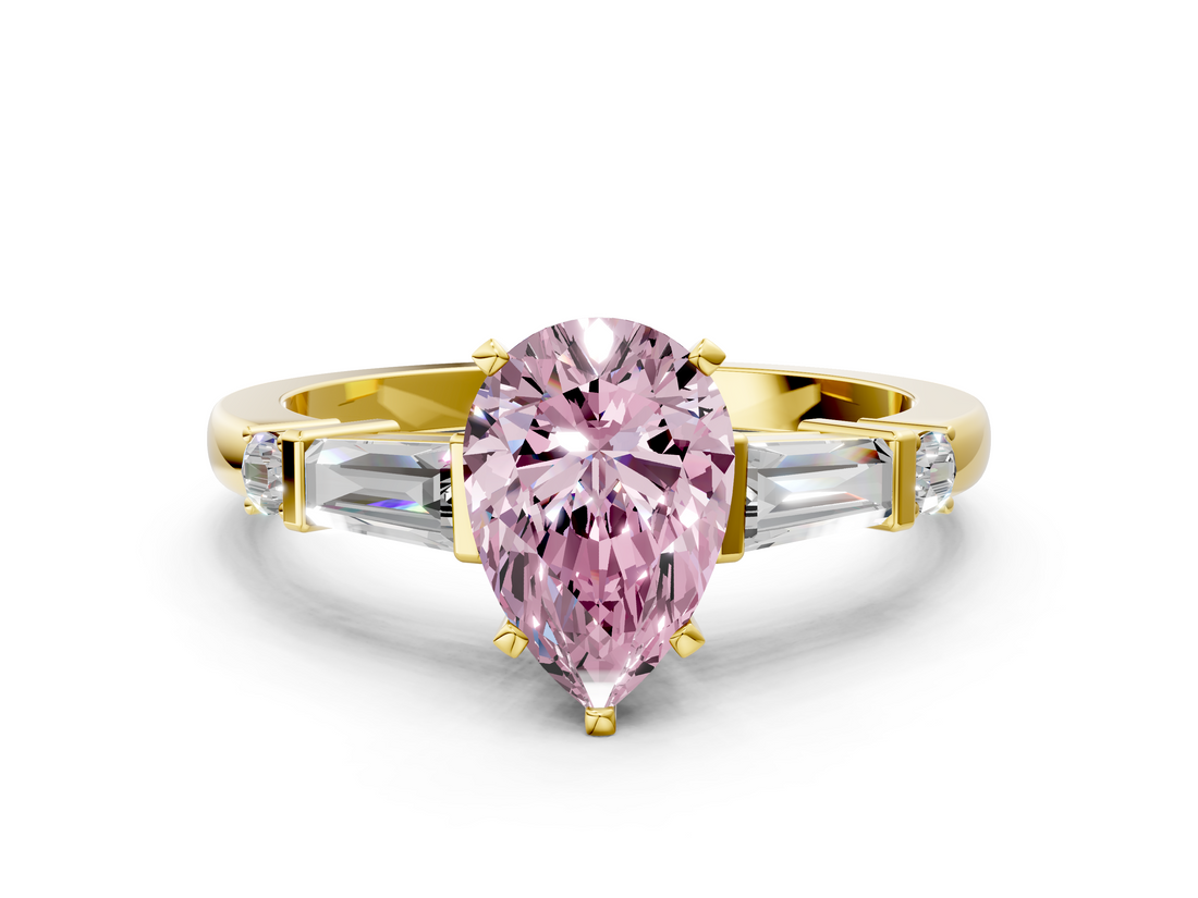 Yellow gold Fancy Pink Pear  Cut Diamond Ring with Baguette Side Stones, Channel Set Band, and Four-Prong Setting_3