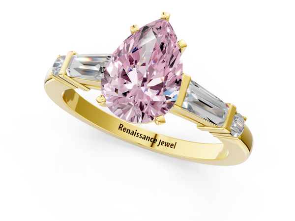 Yellow gold Fancy Pink Pear  Cut Diamond Ring with Baguette Side Stones, Channel Set Band, and Four-Prong Setting