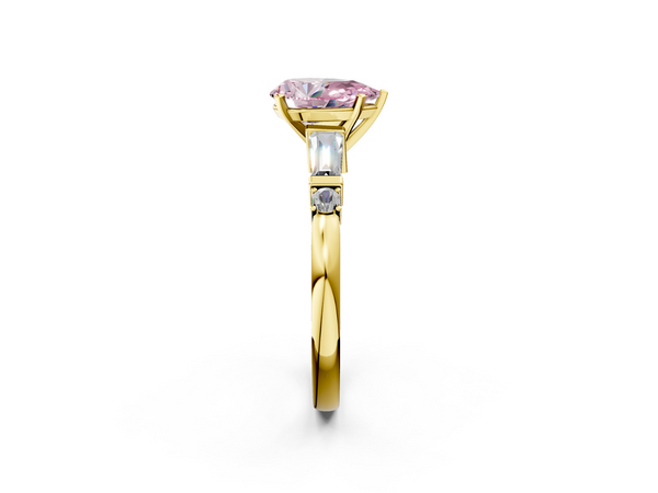 Yellow gold Fancy Pink Pear  Cut Diamond Ring with Baguette Side Stones, Channel Set Band, and Four-Prong Setting