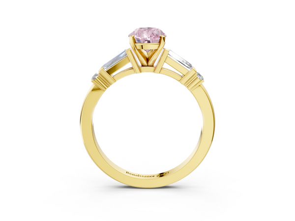 Yellow gold Fancy Pink Pear  Cut Diamond Ring with Baguette Side Stones, Channel Set Band, and Four-Prong Setting