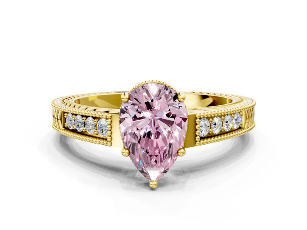 Yellow gold Fancy Pink Pear Cut Diamond Ring with Milgrain Pavé Band and Four-Prong Setting