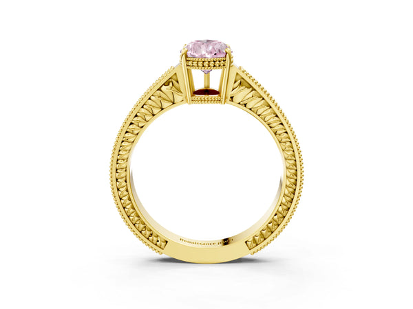 Yellow gold Fancy Pink Pear Cut Diamond Ring with Milgrain Pavé Band and Four-Prong Setting