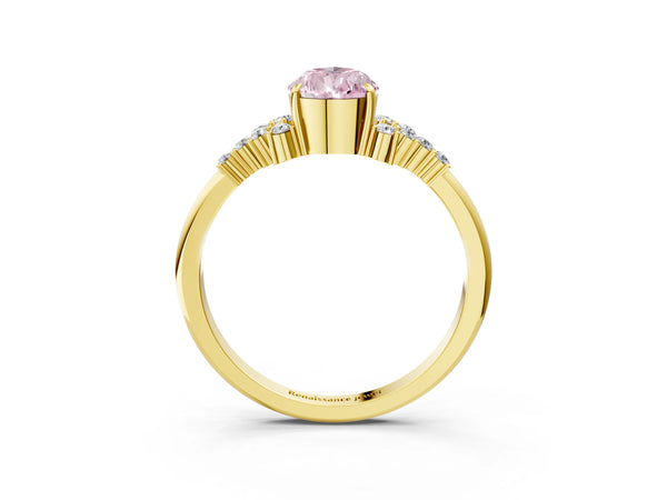 Yellow gold Fancy Pink Pear Cut Diamond Ring with Side Stones and Four-Prong Setting