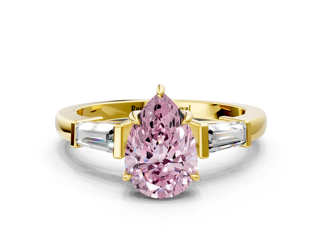 Yellow gold Fancy Pink Pear  Cut Diamond Ring with Tapered Baguette Side Stones in Four-Prong Setting_3
