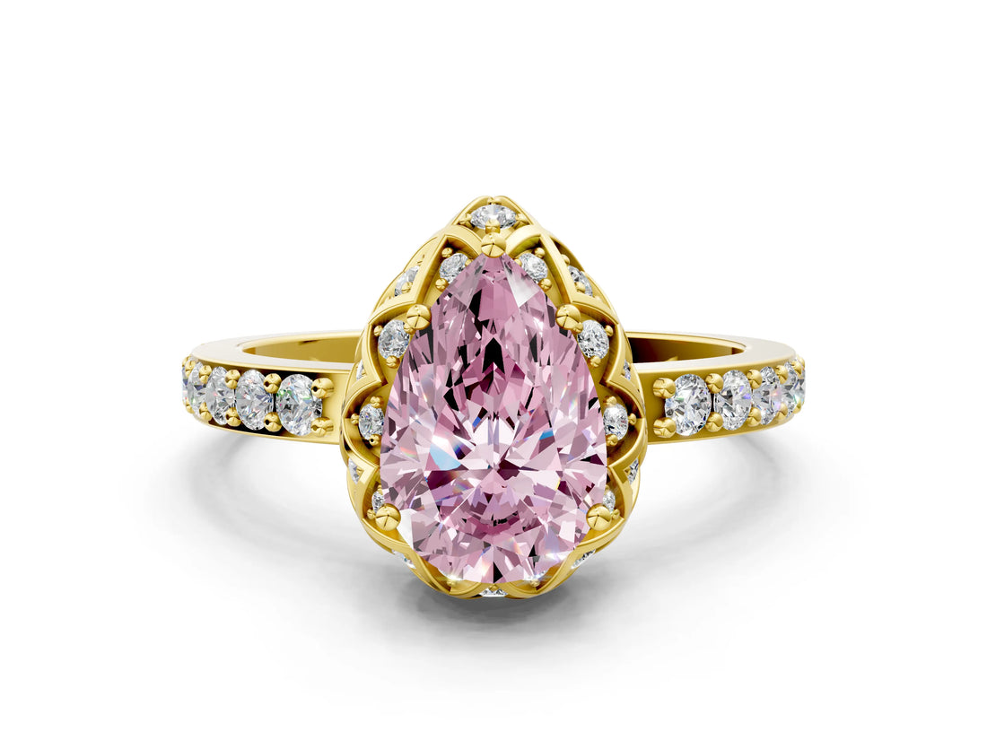 Yellow gold Fancy Pink Pear Cut Diamond Scalloped Halo Engagement Ring with Round Shared Prong Band_12