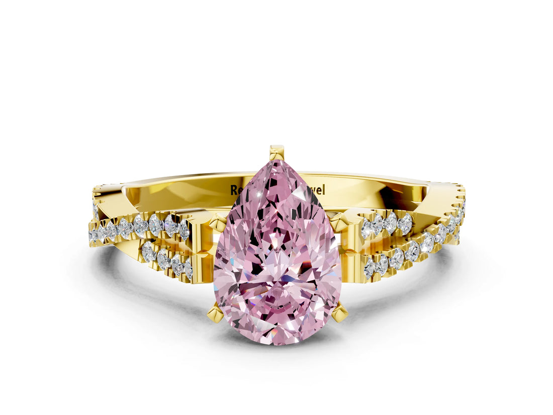 Yellow gold Fancy Pink Pear Cut Diamond Solitaire Engagement Ring with Twisted Pavé Band and Four-Prong Setting_44