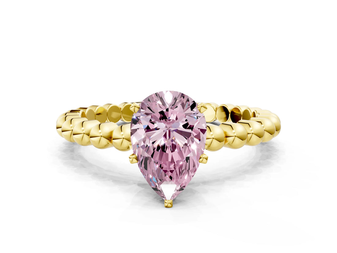 Yellow gold Fancy Pink Pear Cut Diamond Solitaire Ring with Beaded Band and Prong Setting_292