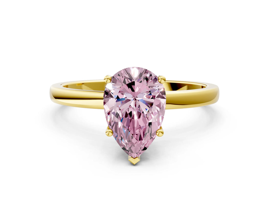 Yellow gold Fancy Pink Pear Cut Diamond Solitaire Ring with Classic Band and Four-Prong Setting