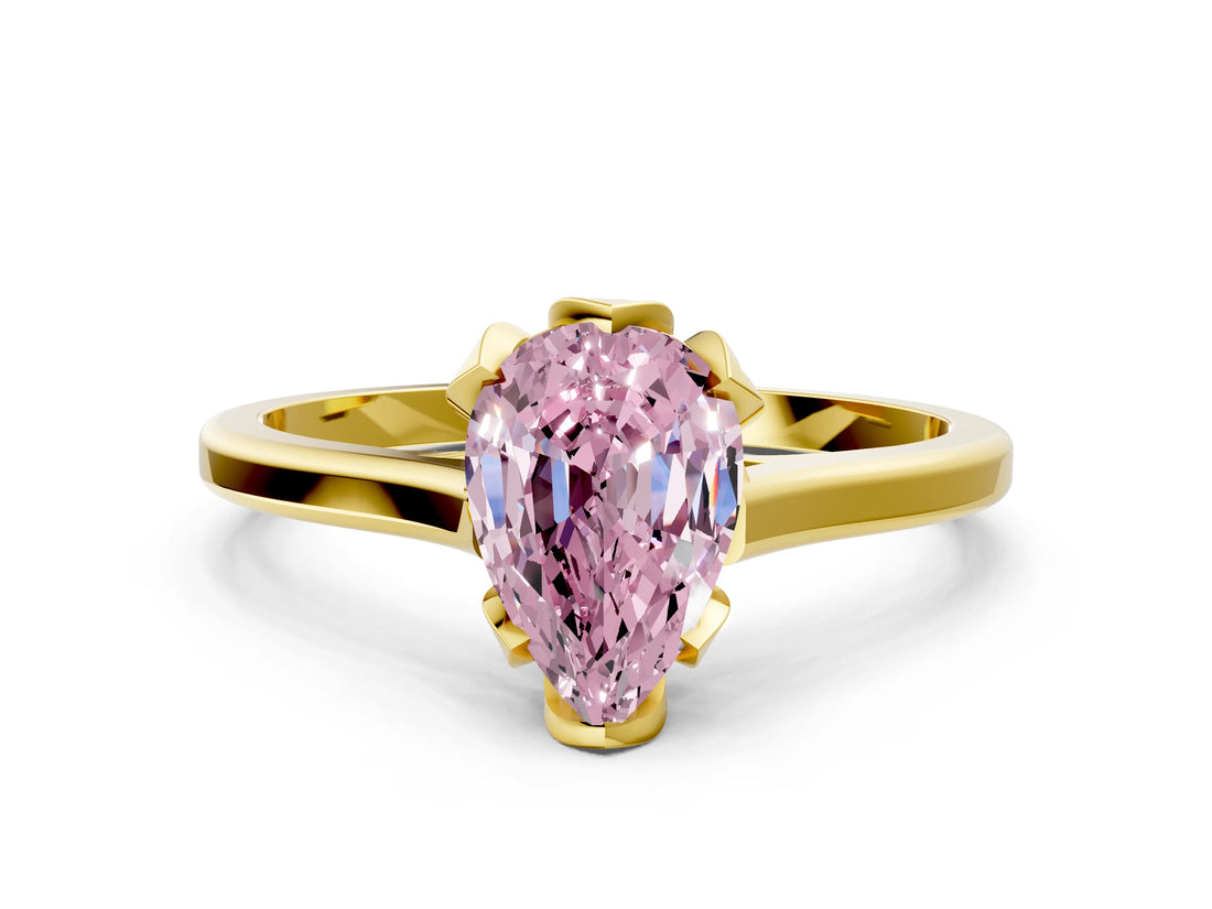 Yellow gold Fancy Pink Pear Cut Diamond Solitaire Ring with Flower Prong Setting and Classic Band_36