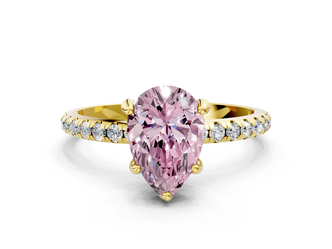 Yellow gold Fancy Pink Pear Cut Diamond Solitaire Ring with Four-Prong Setting and Pavé Band_3
