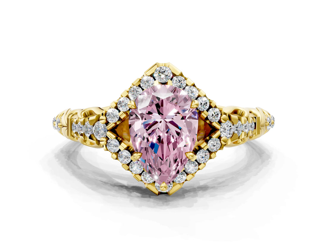 Yellow gold Fancy Pink Pear Cut Diamond Solitaire Ring with Hidden Halo and Pavé Band_27