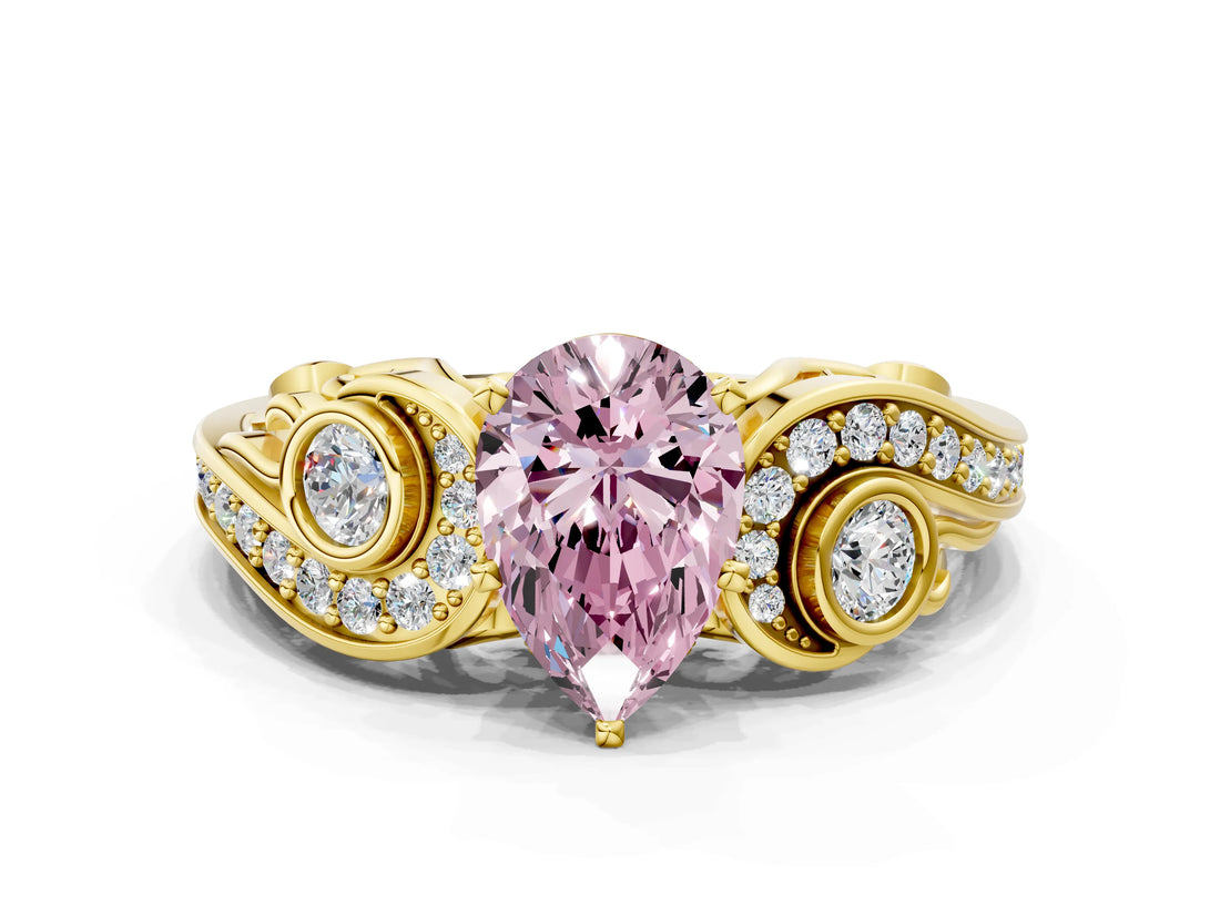 Yellow gold Fancy Pink Pear Cut Diamond Solitaire Ring with Milgrain Pavé Band and Four-Prong Setting_171