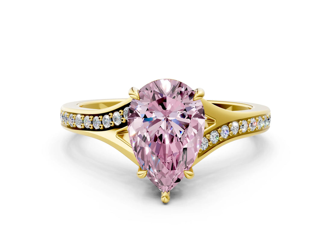 Yellow gold Fancy Pink Pear Cut Diamond Solitaire Ring with Pavé Band and Prong Setting_12