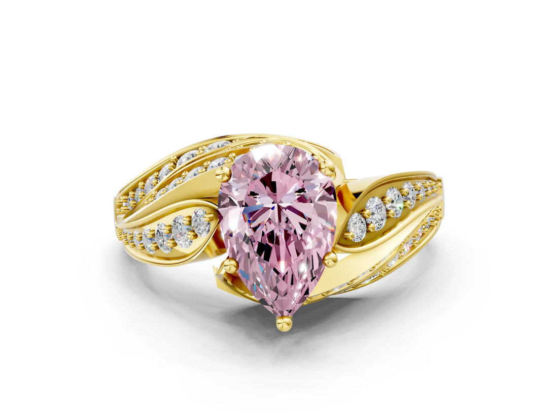 Yellow gold Fancy Pink Pear Cut Diamond Solitaire Ring with Prong Setting and Twisted Pavé Band