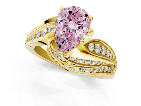 Yellow gold Fancy Pink Pear Cut Diamond Solitaire Ring with Prong Setting and Twisted Pavé Band_1