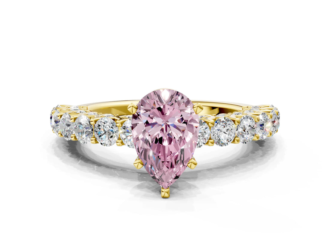 Yellow gold Fancy Pink Pear Cut Diamond Solitaire Ring with Shared Prong Pavé Band and Four-Prong Setting_63