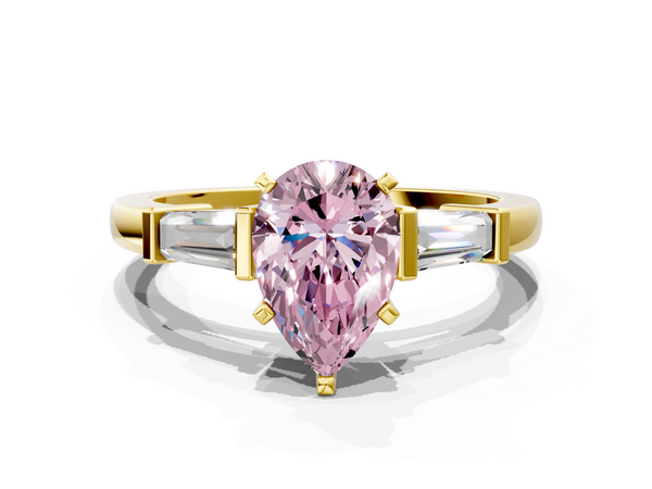 Yellow gold Fancy Pink Pear  Cut Diamond Solitaire Ring with Tapered Baguette Accents and Four-Prong Setting