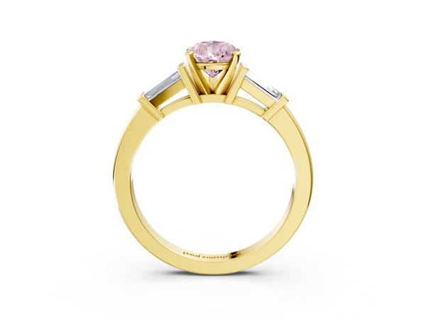 Yellow gold Fancy Pink Pear  Cut Diamond Solitaire Ring with Tapered Baguette Accents and Four-Prong Setting