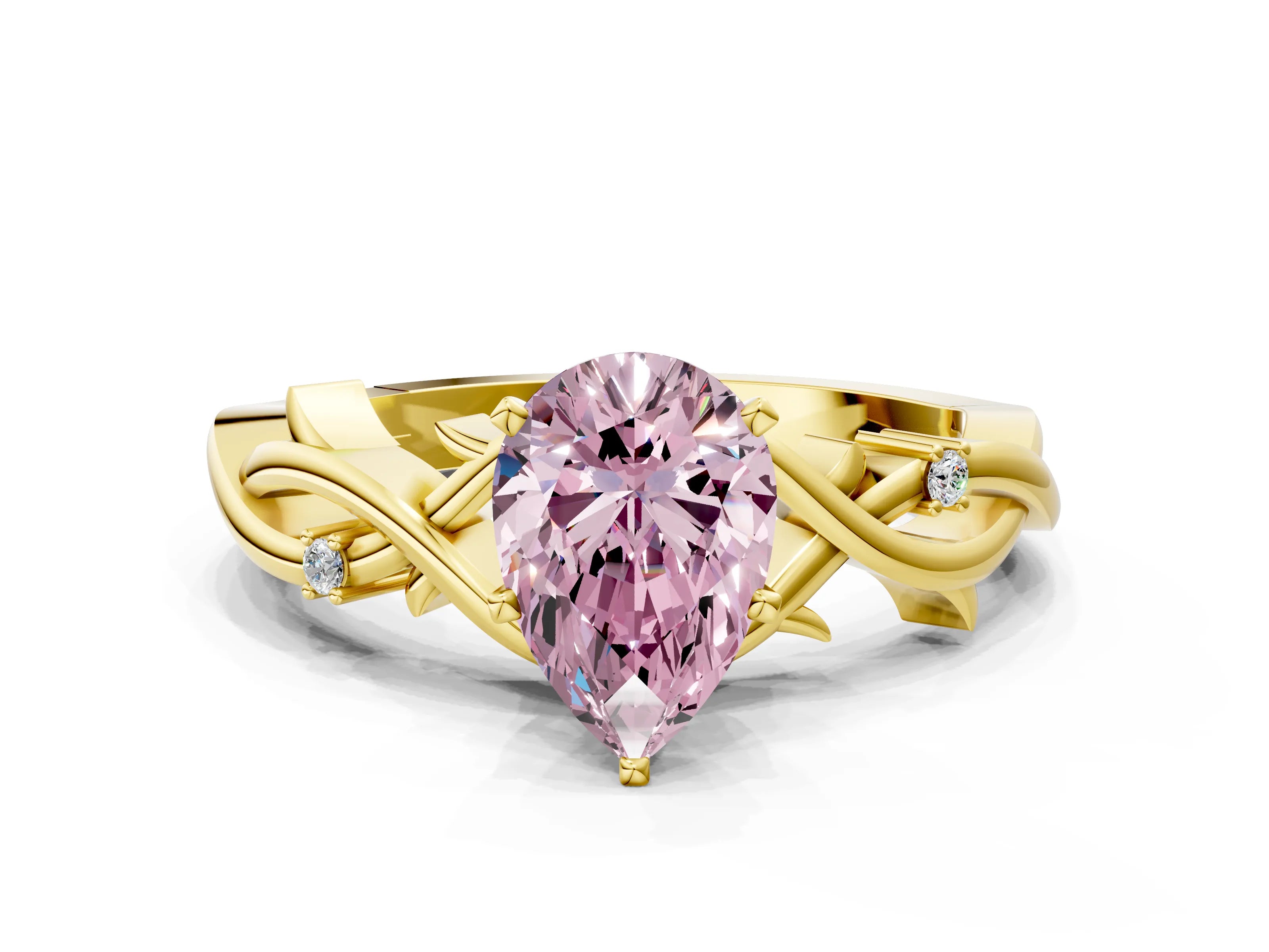 Yellow gold Fancy Pink Pear Cut Diamond Solitaire Ring with Twisted Band and Prong Setting_200