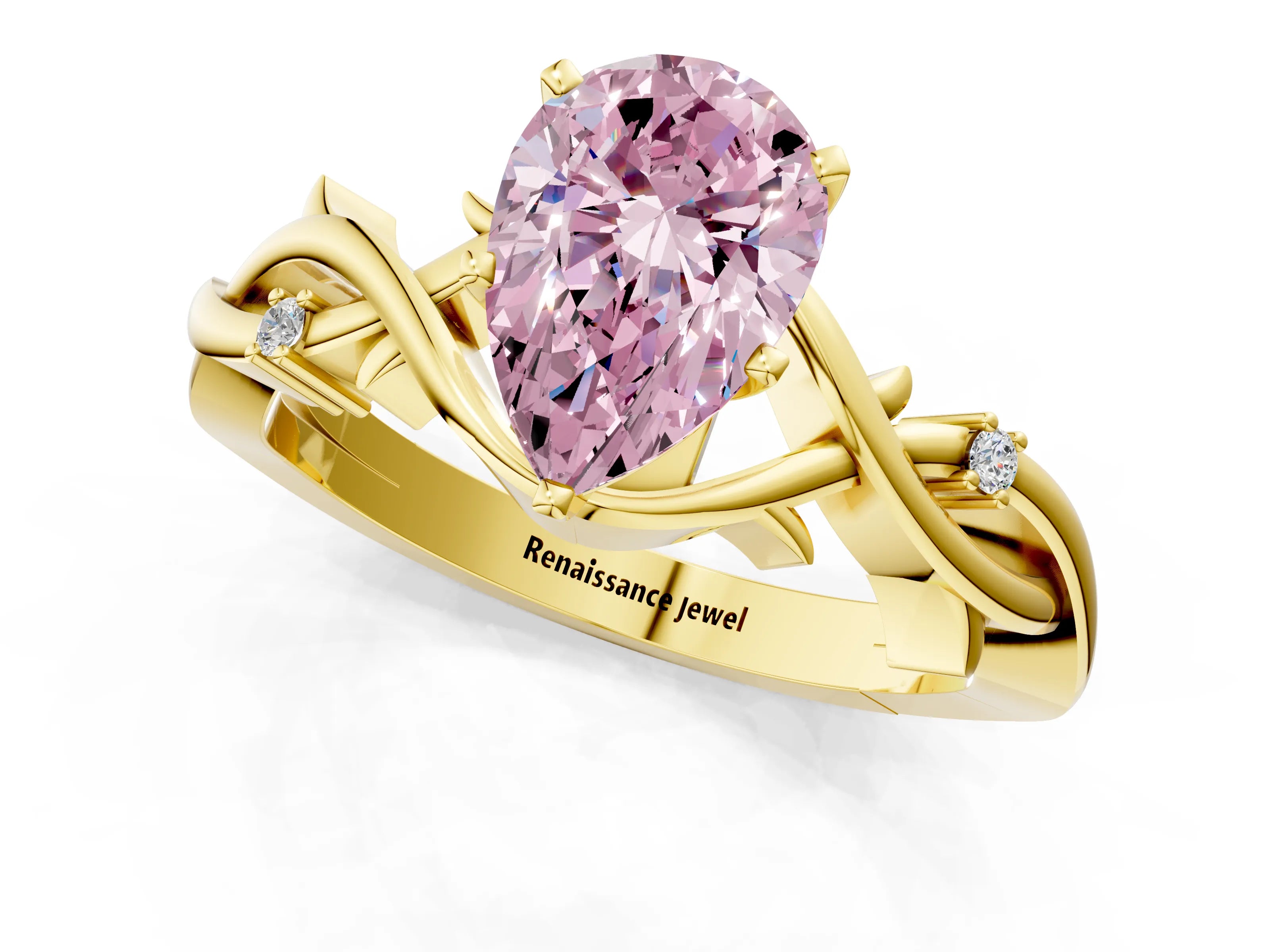 Yellow gold Fancy Pink Pear Cut Diamond Solitaire Ring with Twisted Band and Prong Setting_201