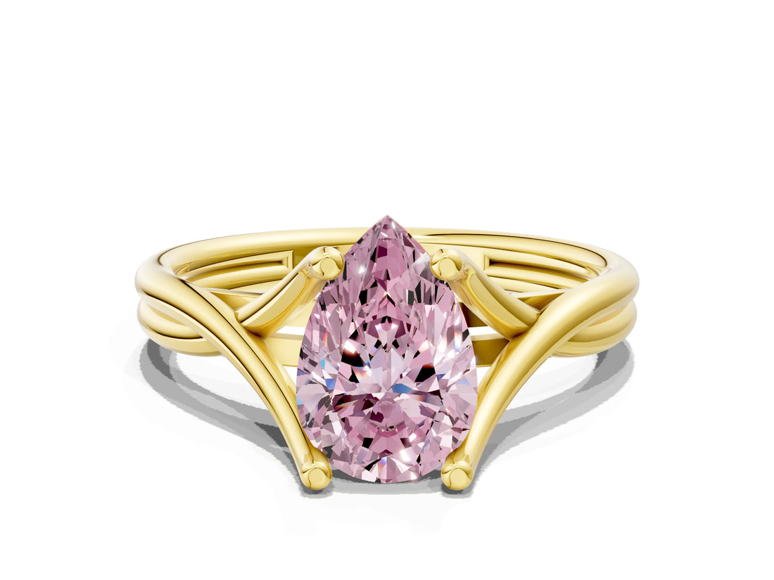 Yellow gold Fancy Pink Pear Cut Diamond Solitaire Twist Band Prong Setting Ring_55