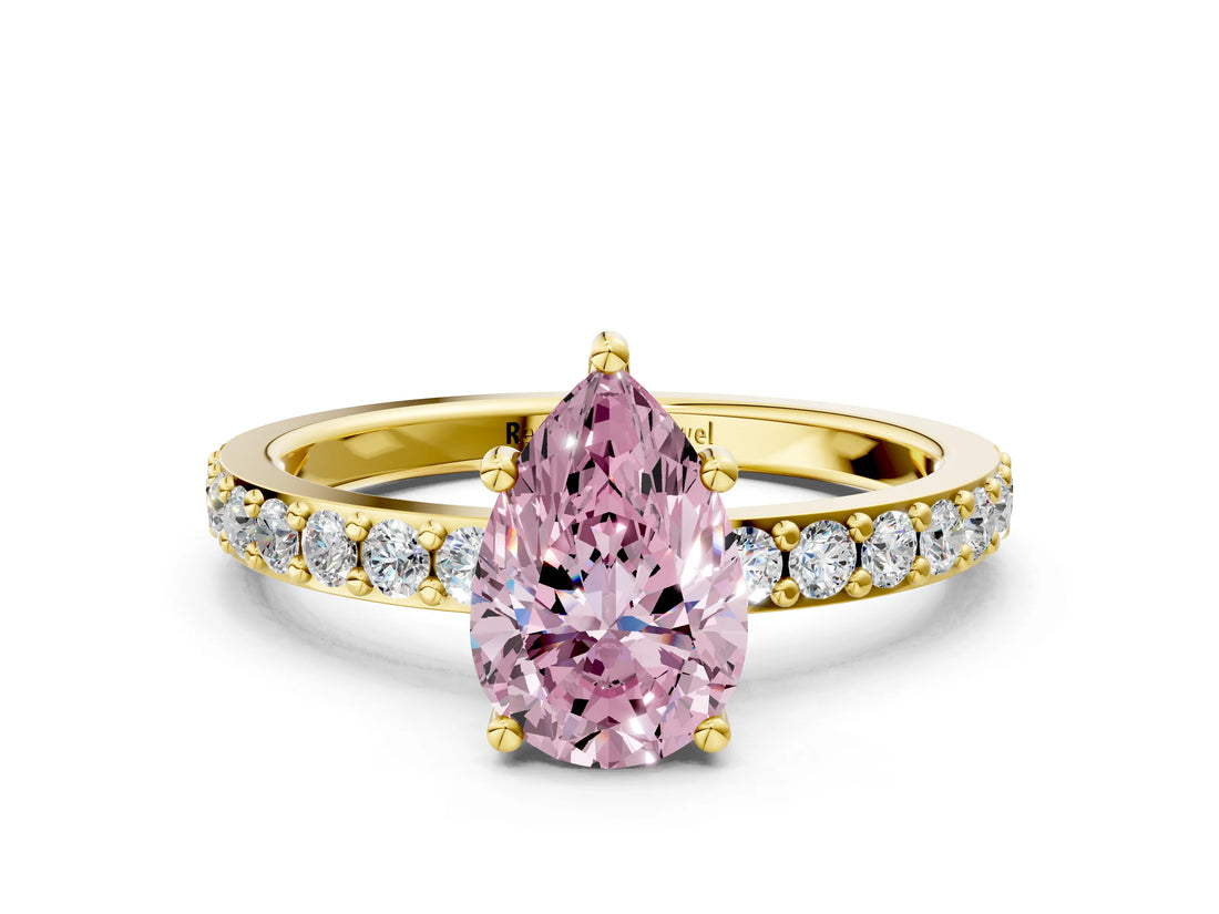 Yellow gold Fancy Pink Pear  Cut Diamond Solitaire with Pave Band and Four-Prong Setting 1