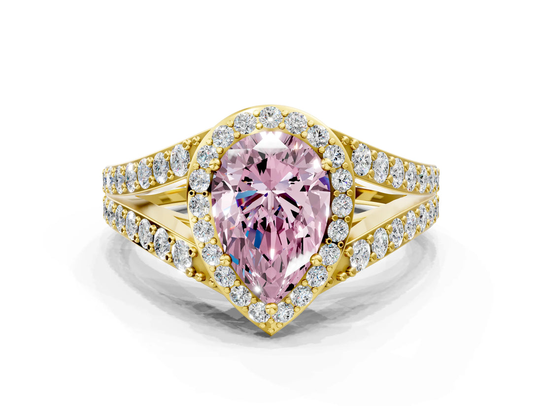Yellow gold Fancy Pink Pear Cut Diamond Split Shank Halo Ring with Four-Prong Setting_57