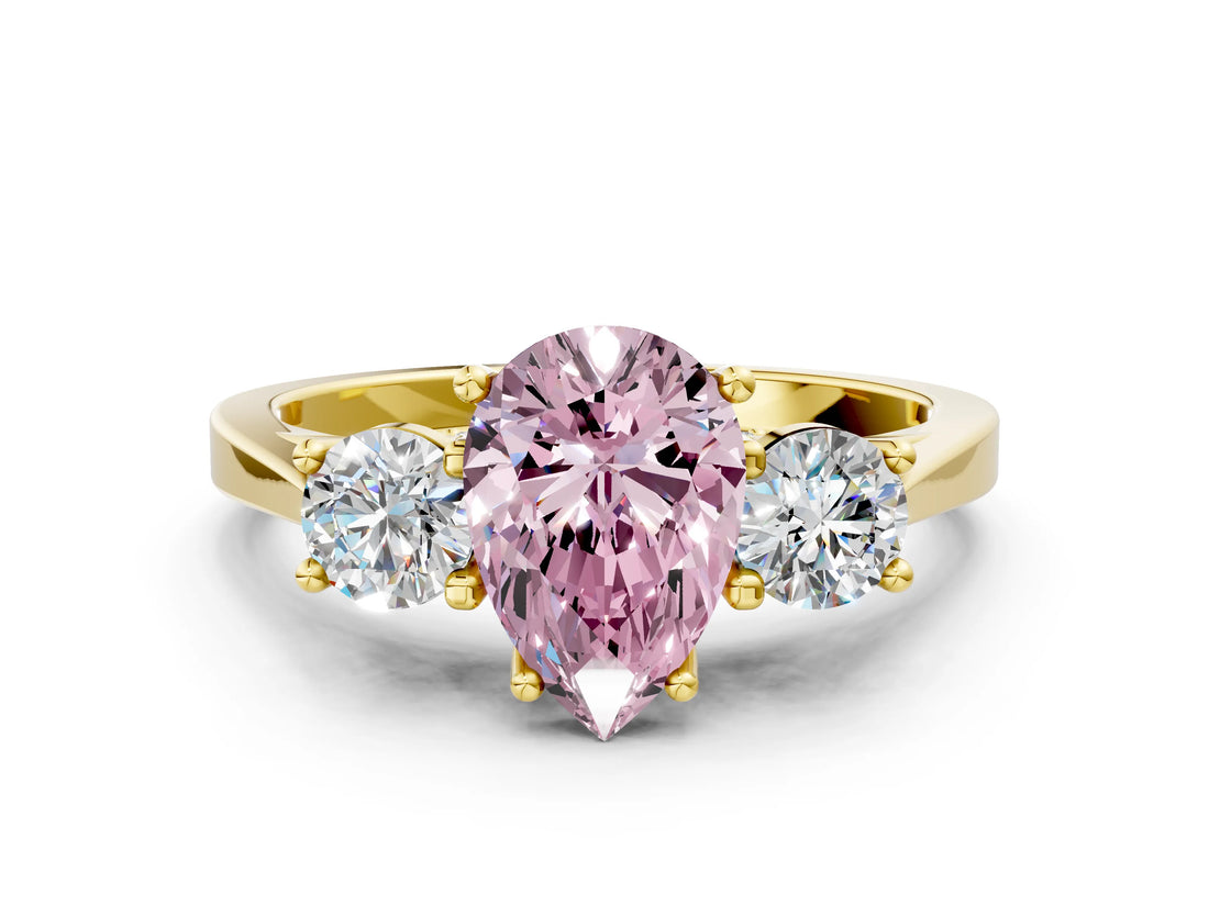 Yellow gold Fancy Pink Pear Cut Diamond Three-Stone Engagement Ring with Prong Setting and Pavé Band