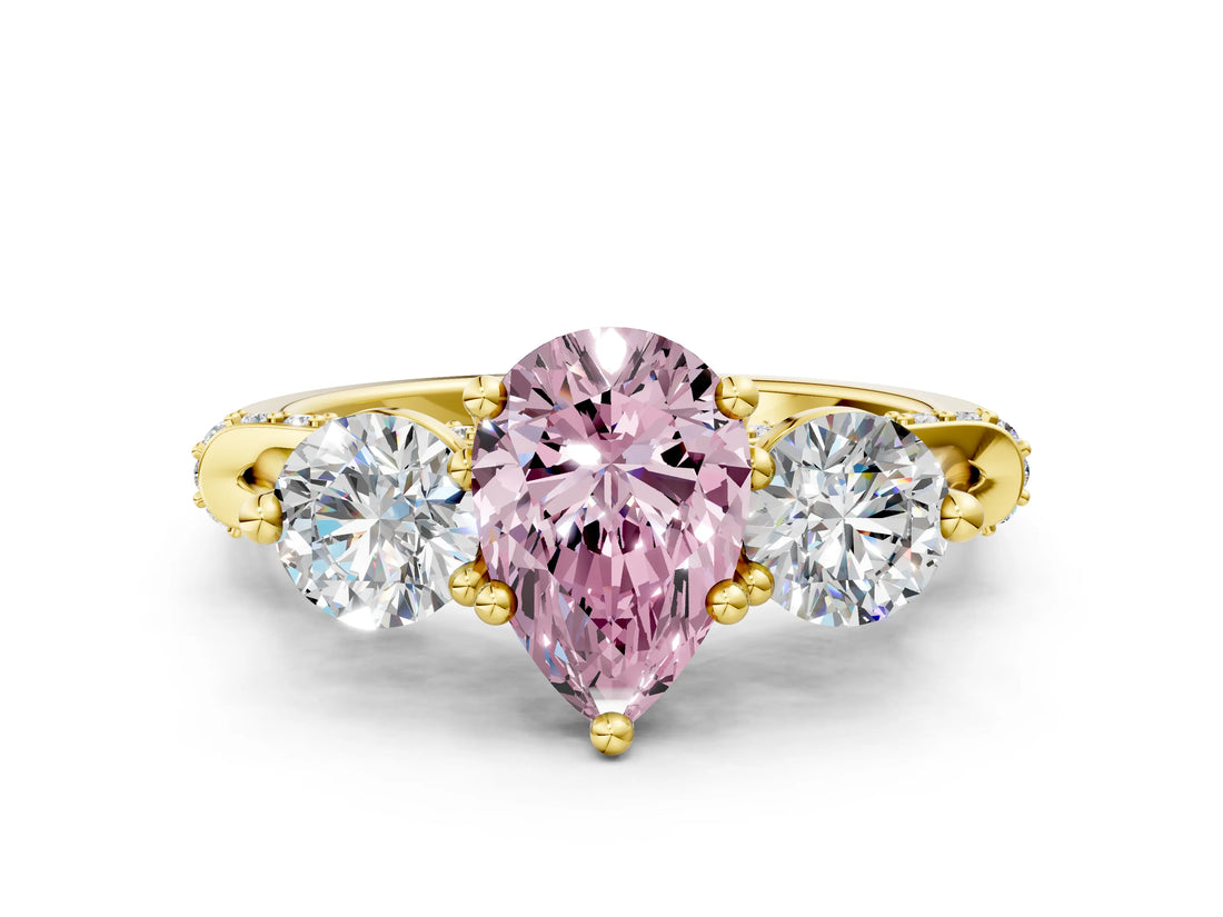 Yellow gold Fancy Pink Pear Cut Diamond Three-Stone Ring with Prong Setting and Pavé Band