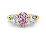 Yellow gold Fancy Pink Pear Cut Diamond Three-Stone Ring with Prong Setting and Pavé Band