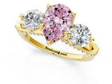 Yellow gold Fancy Pink Pear Cut Diamond Three-Stone Ring with Prong Setting and Pavé Band_1