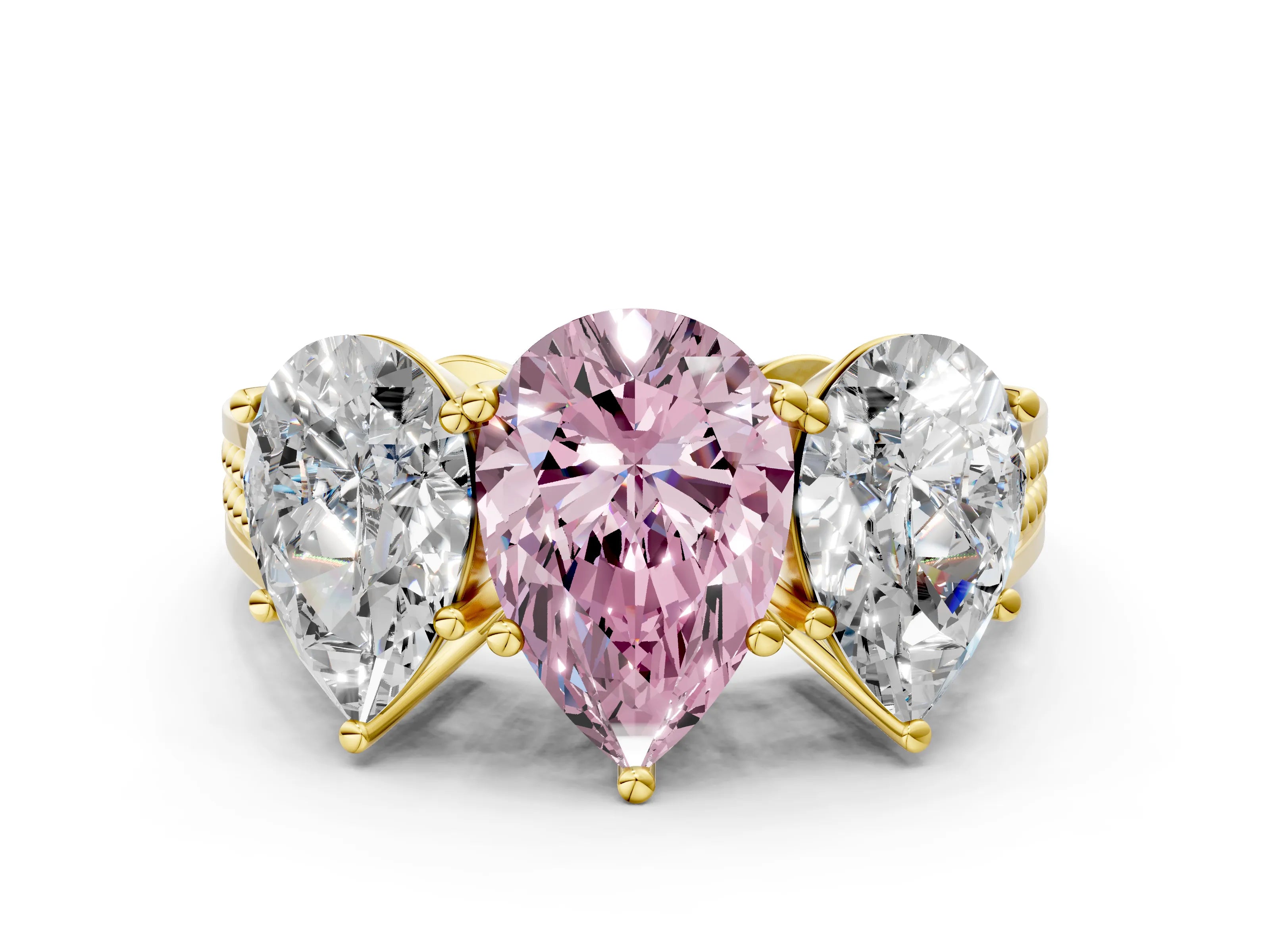 Yellow gold Fancy Pink Pear Cut Diamond Three-Stone Ring with Prong Setting and Textured Band