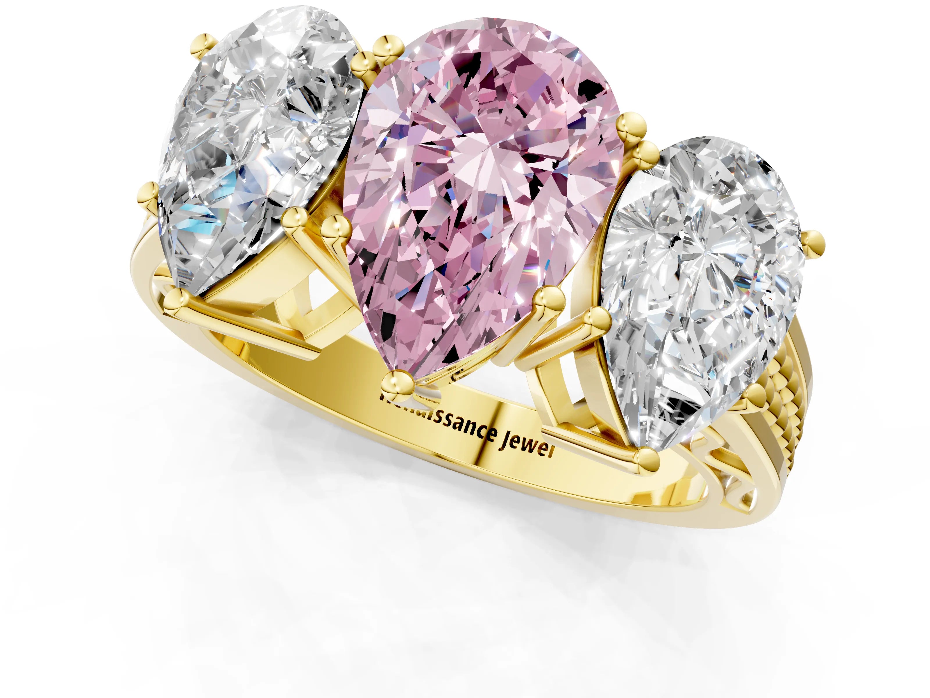 Yellow gold Fancy Pink Pear Cut Diamond Three-Stone Ring with Prong Setting and Textured Band_1