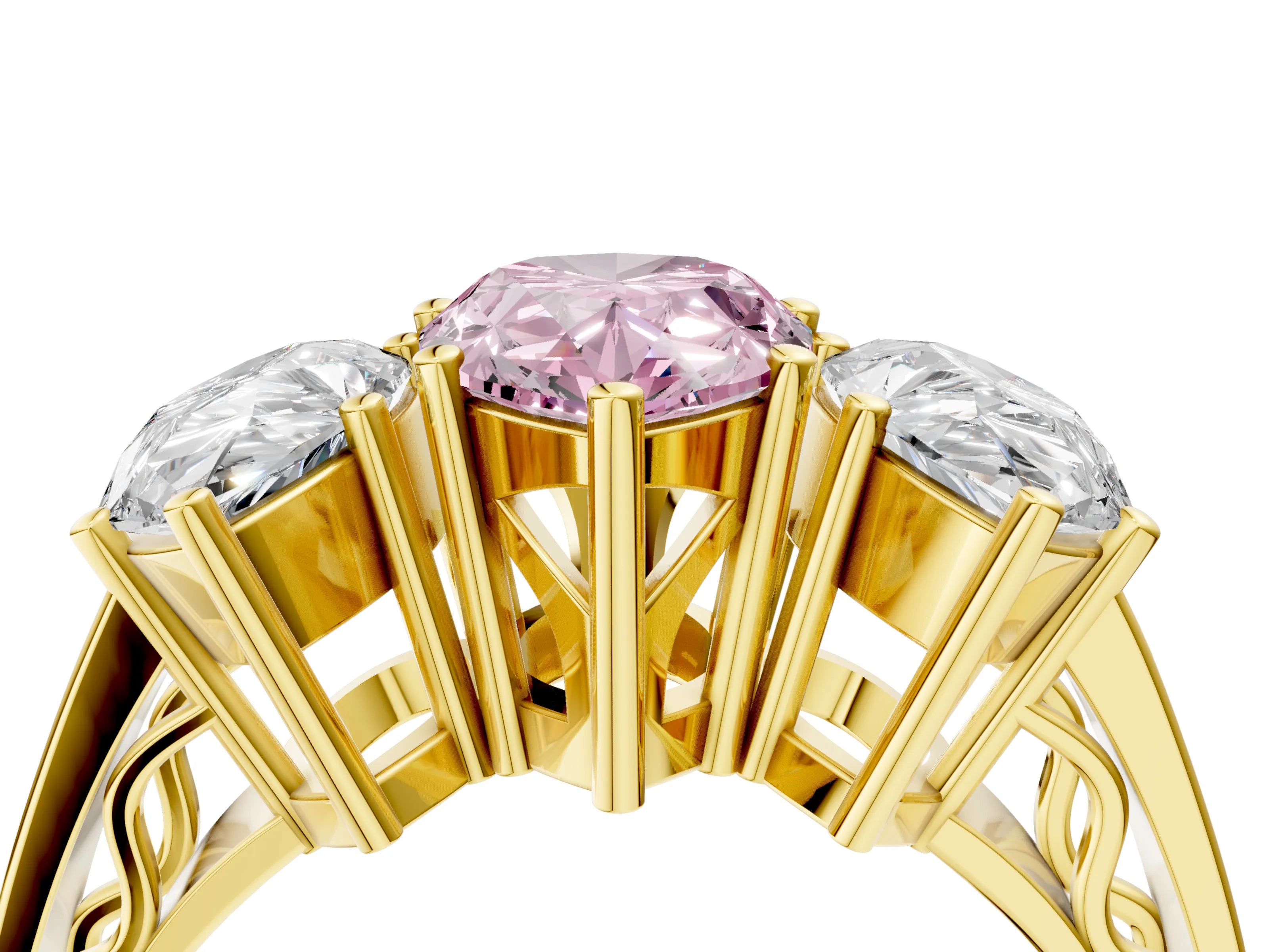 Yellow gold Fancy Pink Pear Cut Diamond Three-Stone Ring with Prong Setting and Textured Band_4
