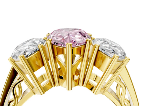 Yellow gold Fancy Pink Pear Cut Diamond Three-Stone Ring with Prong Setting and Textured Band_4