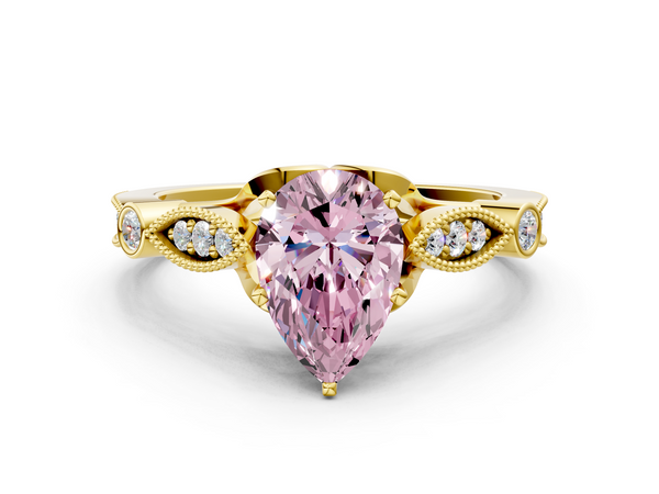 Yellow gold Fancy Pink Pear  Cut Diamond with Milgrain Marquise and Bezel Accents on a Solitaire Band with Prong Setting