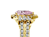 Yellow gold Fancy Pink Pear  Cut Double Halo Diamond Engagement Ring with Pave Band and Four-Prong Setting 5