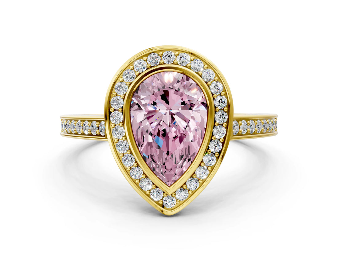 Yellow gold Fancy Pink Pear Cut Halo Bezel Diamond Pave Band Ring
