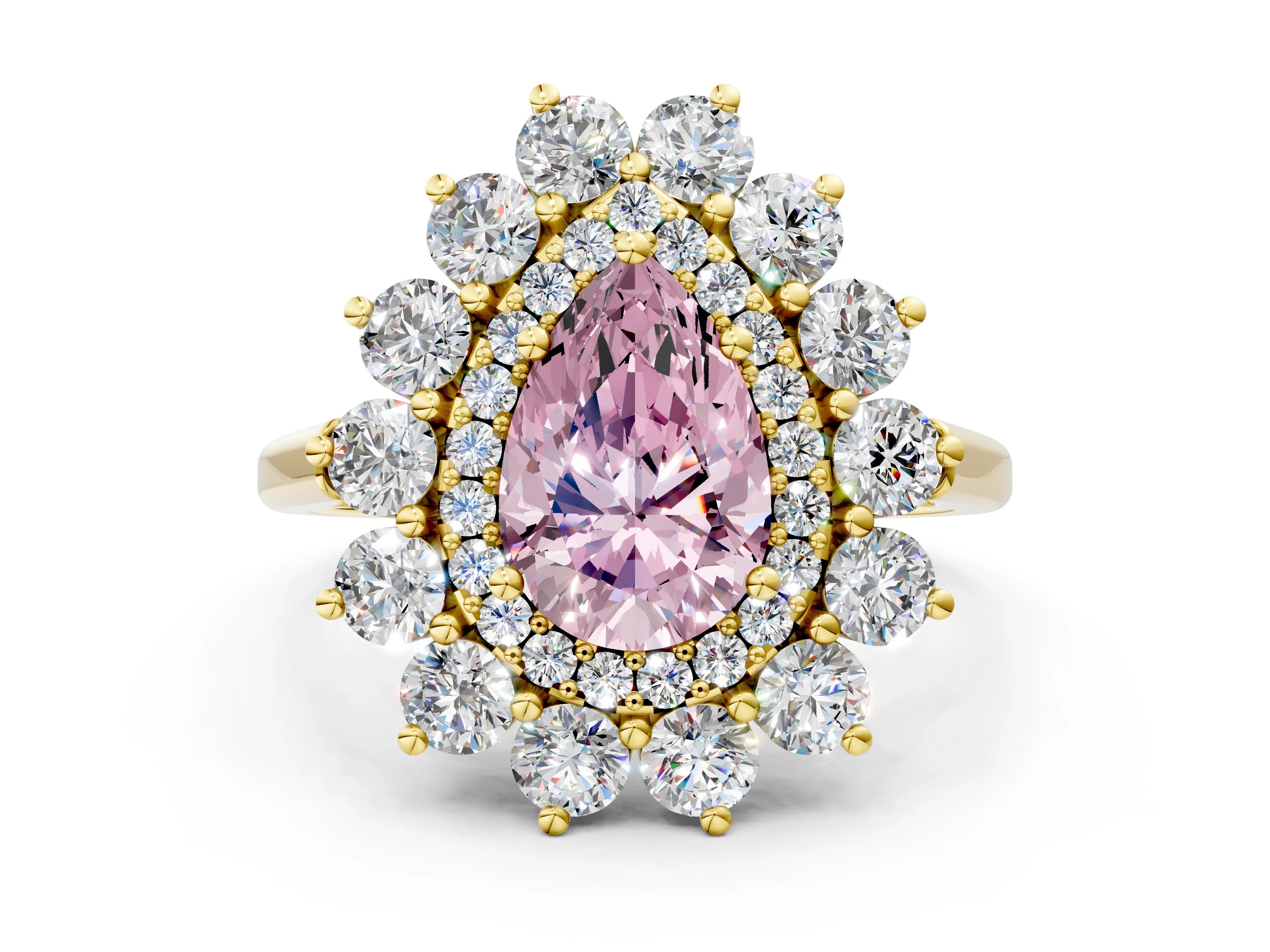 Yellow gold Fancy Pink Pear Cut Halo Cluster Diamond Ring with Pave Band and Four-Prong Setting