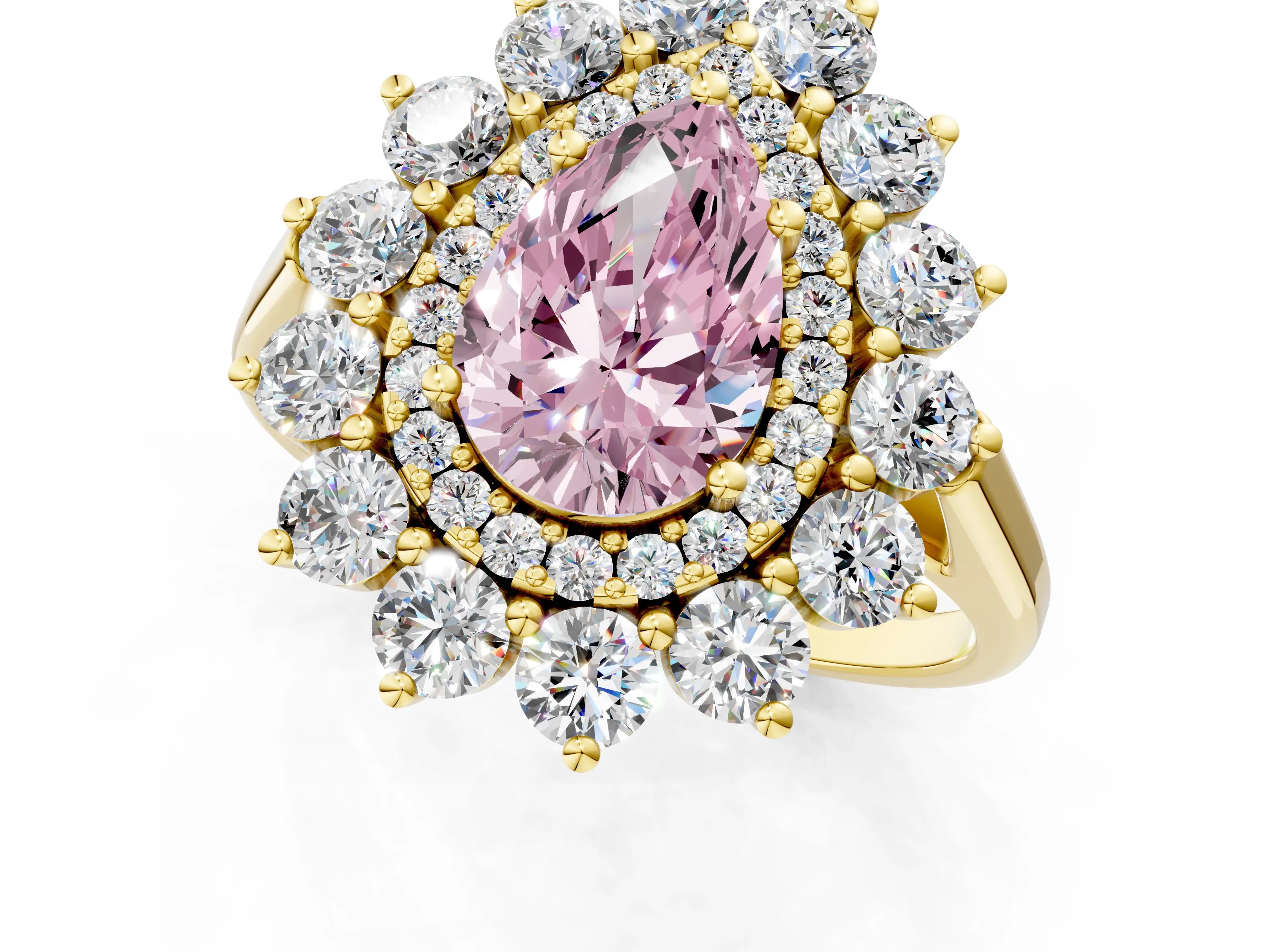 Yellow gold Fancy Pink Pear Cut Halo Cluster Diamond Ring with Pave Band and Four-Prong Setting_1