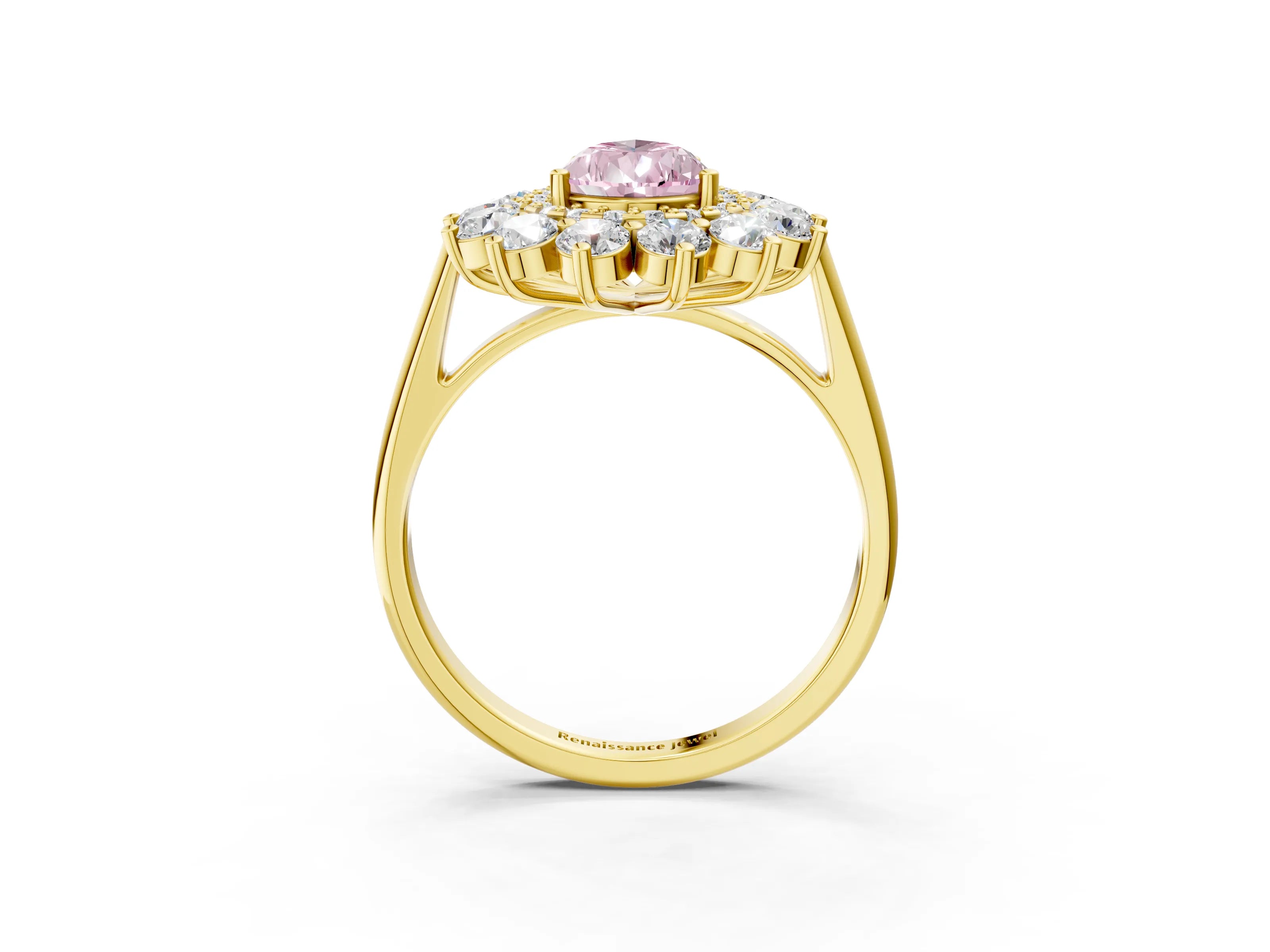 Yellow gold Fancy Pink Pear Cut Halo Cluster Diamond Ring with Pave Band and Four-Prong Setting_15