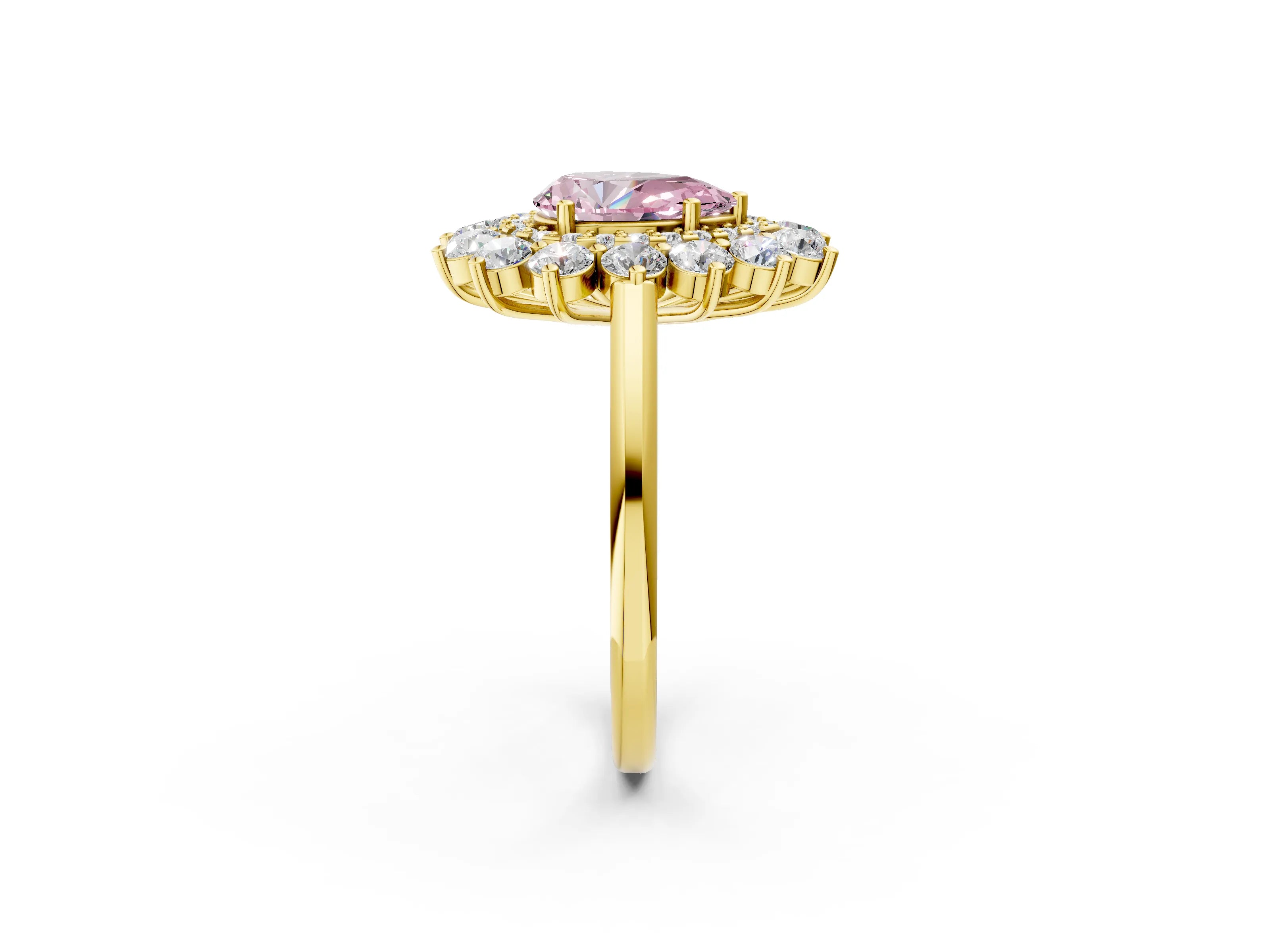 Yellow gold Fancy Pink Pear Cut Halo Cluster Diamond Ring with Pave Band and Four-Prong Setting_2