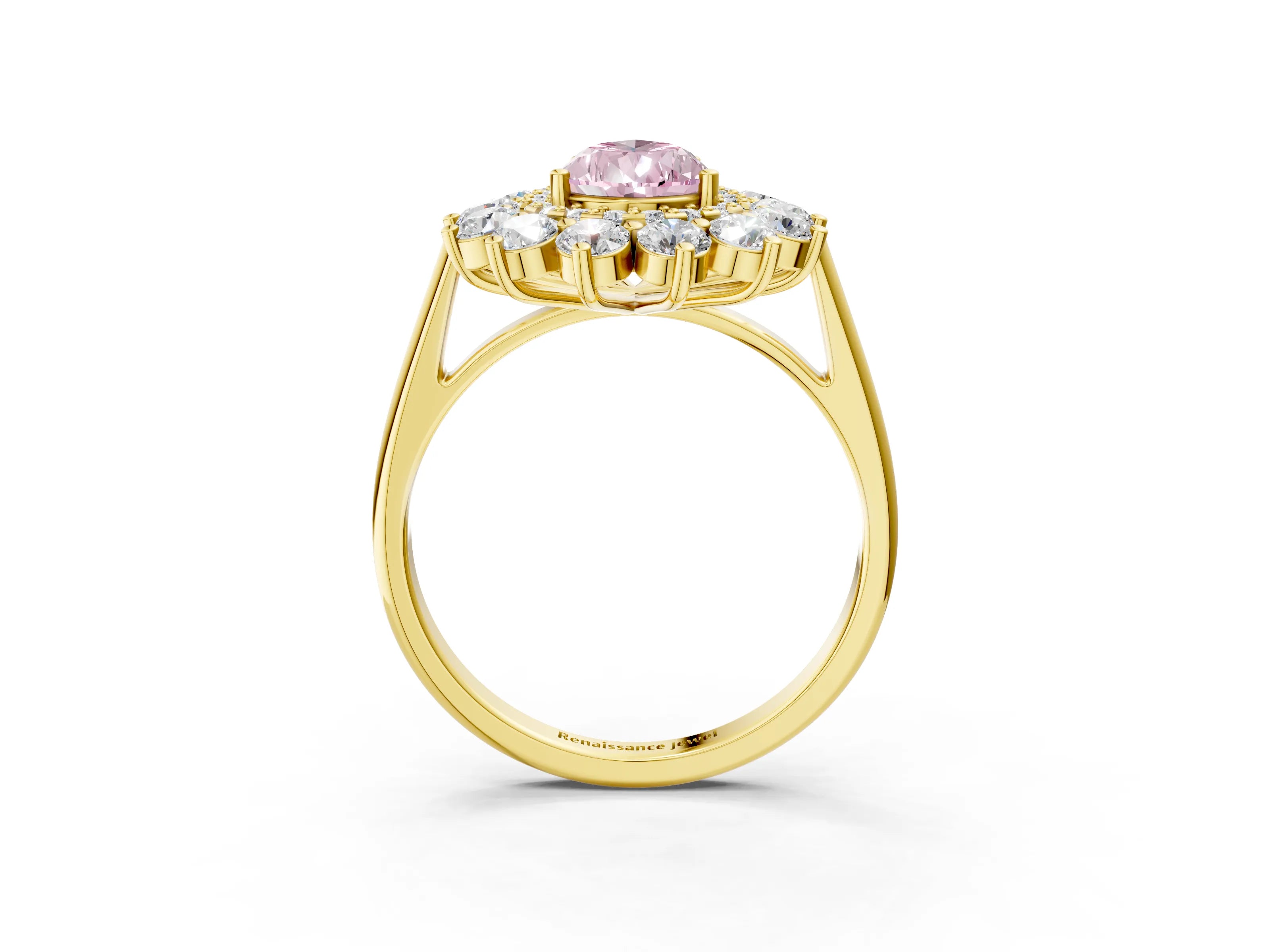 Yellow gold Fancy Pink Pear Cut Halo Cluster Diamond Ring with Pave Band and Four-Prong Setting_3
