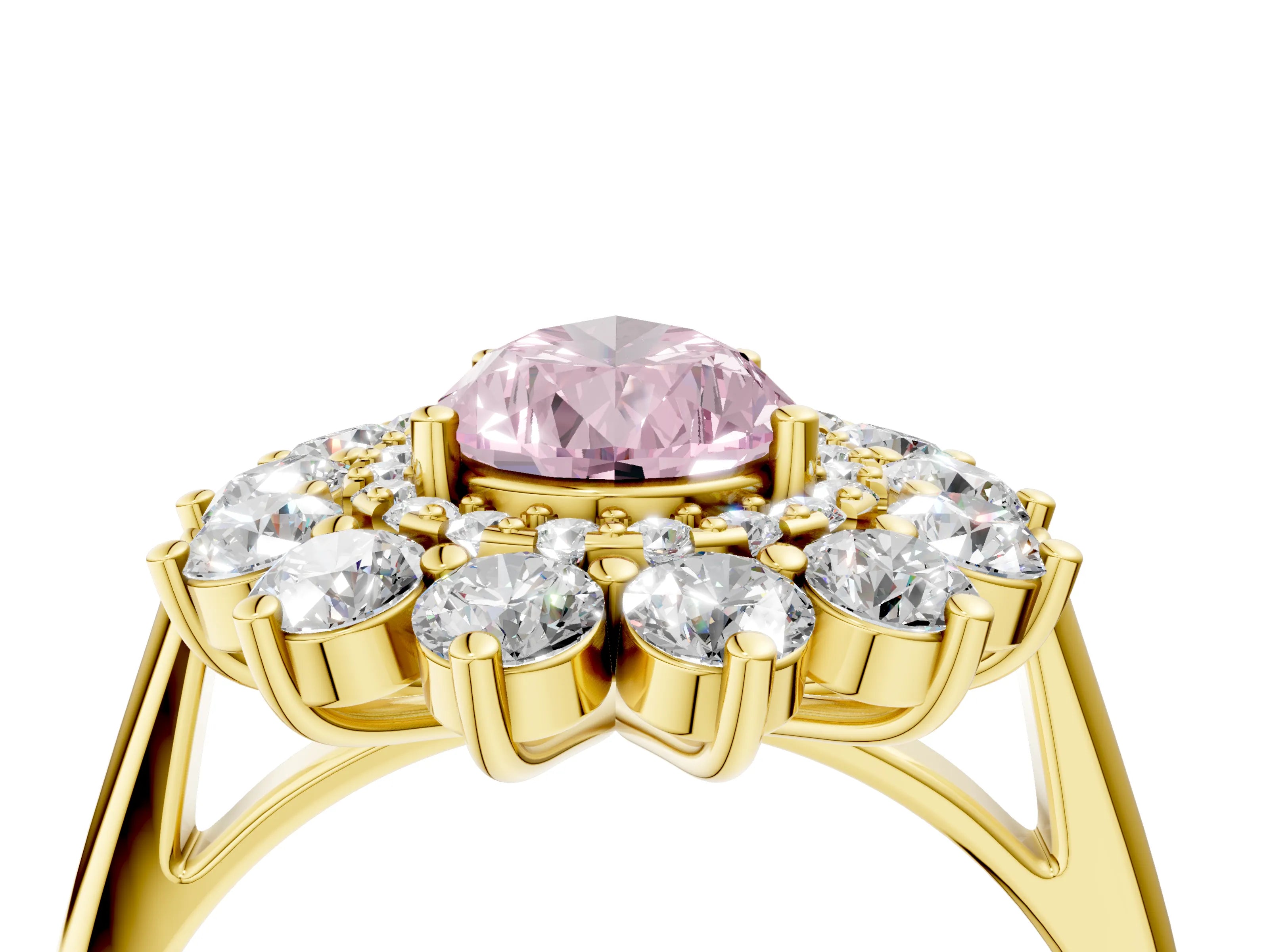 Yellow gold Fancy Pink Pear Cut Halo Cluster Diamond Ring with Pave Band and Four-Prong Setting_4