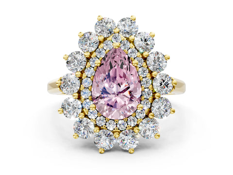Yellow gold Fancy Pink Pear Cut Halo Cluster Diamond Ring with Pave Band and Four-Prong Setting