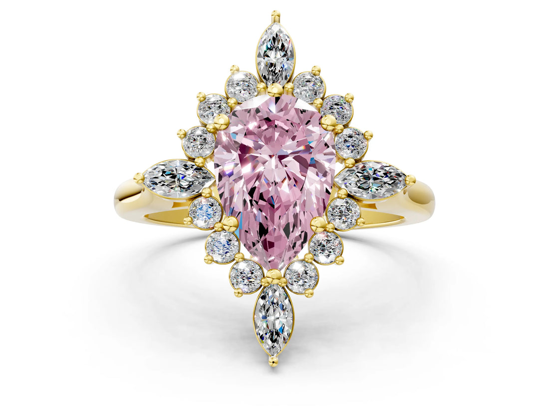 Yellow gold Fancy Pink Pear Cut Halo Diamond Cluster Ring with Marquise and Round Stones on a White Gold Band with Prong Setting