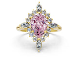 Yellow gold Fancy Pink Pear Cut Halo Diamond Cluster Ring with Marquise and Round Stones on a White Gold Band with Prong Setting