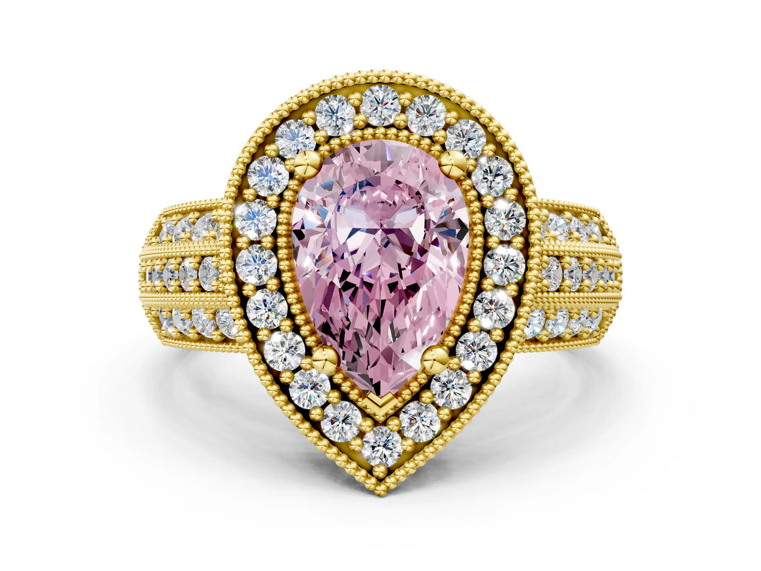 Yellow gold Fancy Pink Pear Cut Halo Diamond Engagement Ring with Pave Split Shank and Four-Prong Setting