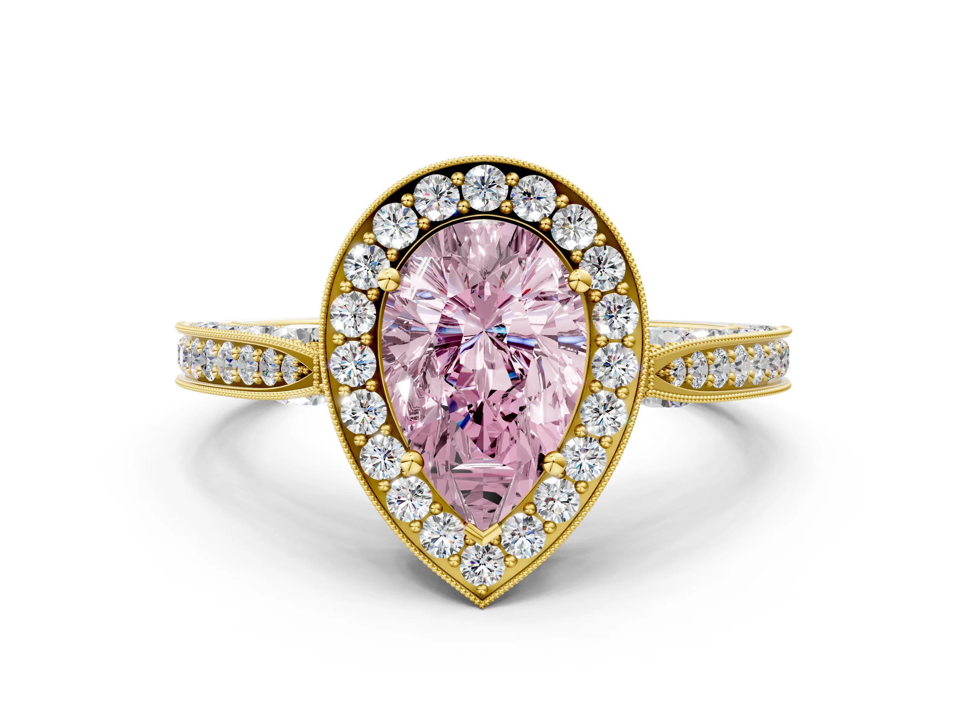 Yellow gold Fancy Pink Pear Cut Halo Diamond Engagement Ring with Split Shank Band and Four-Prong Setting