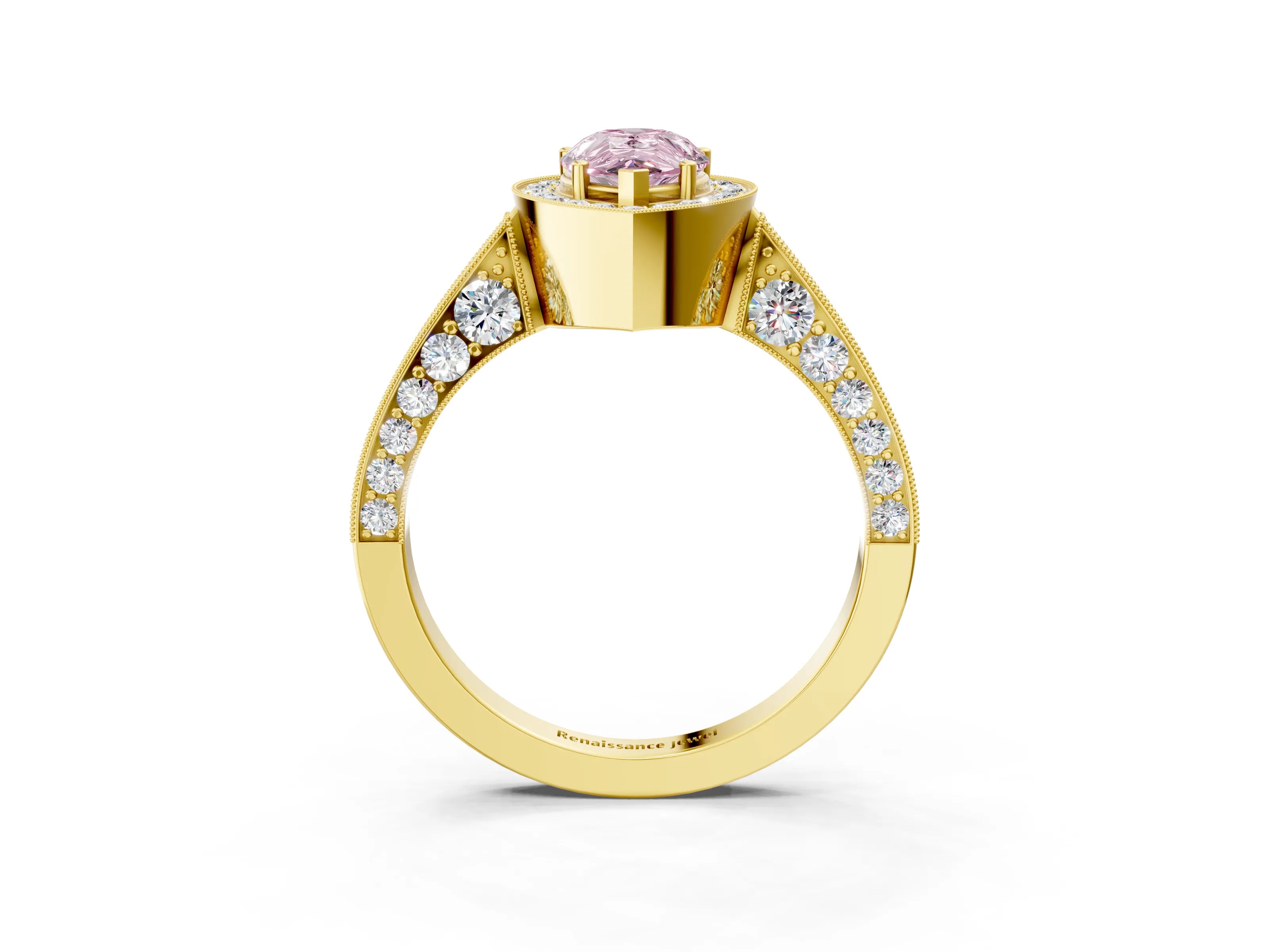 Yellow gold Fancy Pink Pear Cut Halo Diamond Engagement Ring with Split Shank Band and Four-Prong Setting_3